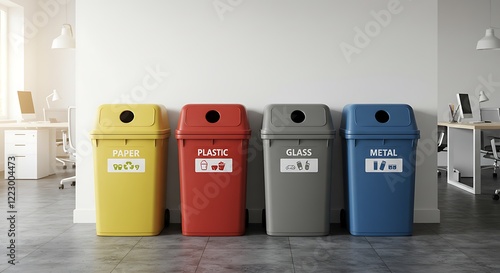A modern office space featuring four colorful recycling bins against a minimalist wall, promoting waste segregation and eco-friendly practices.