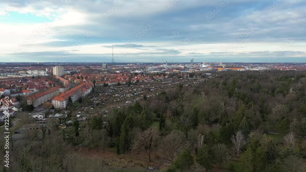 drone flight over south city of Leipzig, Saxony, Germany, Europe drone flight over south city of Leipzig, Saxony, Germany, Europe