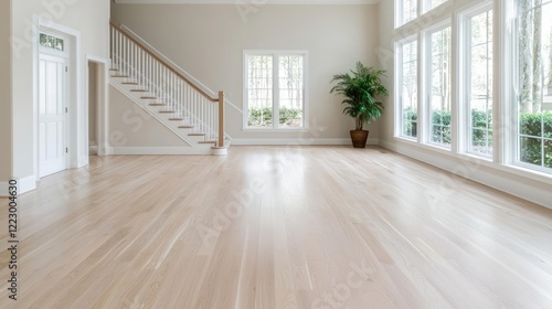 Wallpaper Mural Bright spacious living room with hardwood floor, staircase, and large windows, ideal for real estate listings Torontodigital.ca