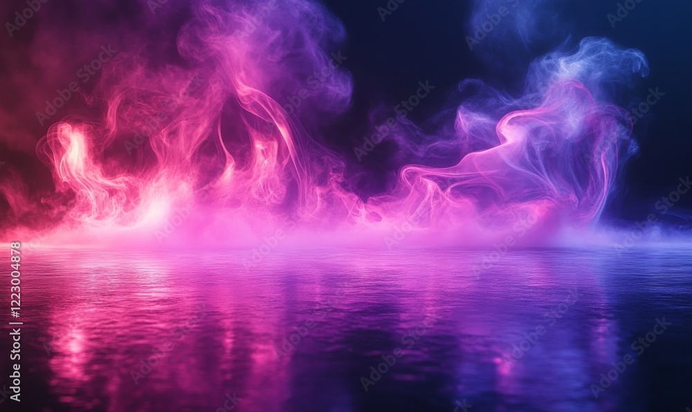 Mystical pink and purple mist swirling with a radiant spotlight shining through the darkness.