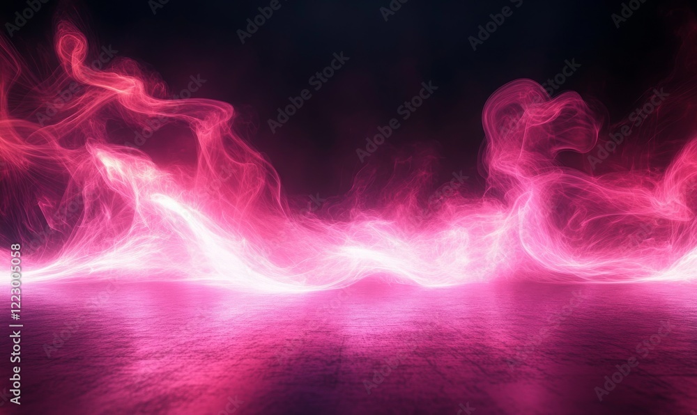 A dreamy blend of pink and purple fog illuminated by a soft spotlight glow against a dark backdrop.