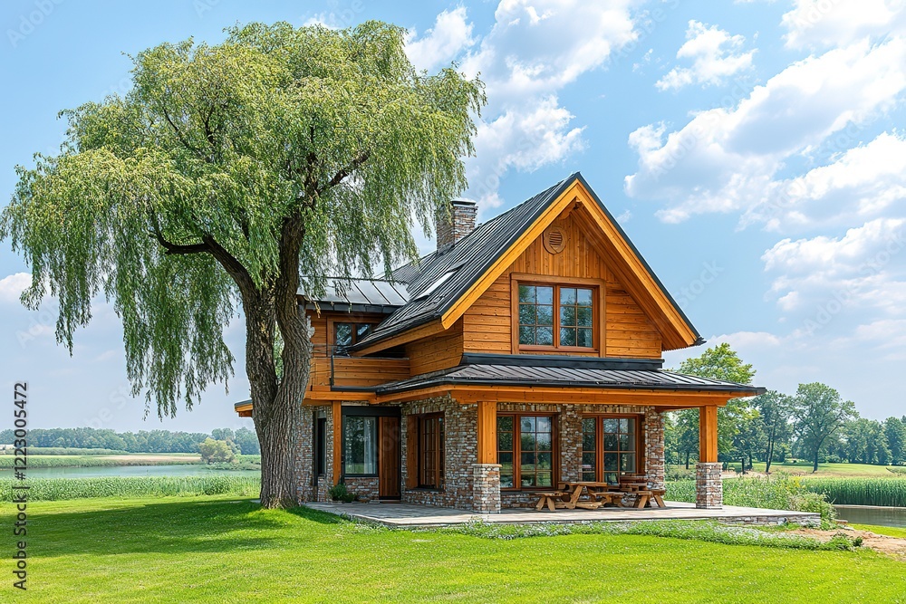 Lakefront home with wooden siding and stone accents nestled under a weeping willow tree Lakefront home with wooden siding and stone accents nestled under a weeping willow tree