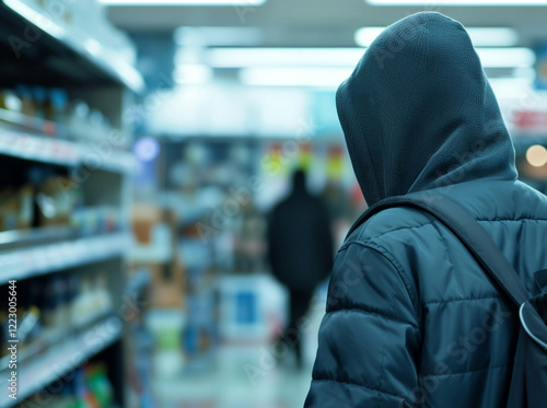 Man or boy in black hoodie in shop retail theft crime concept photo