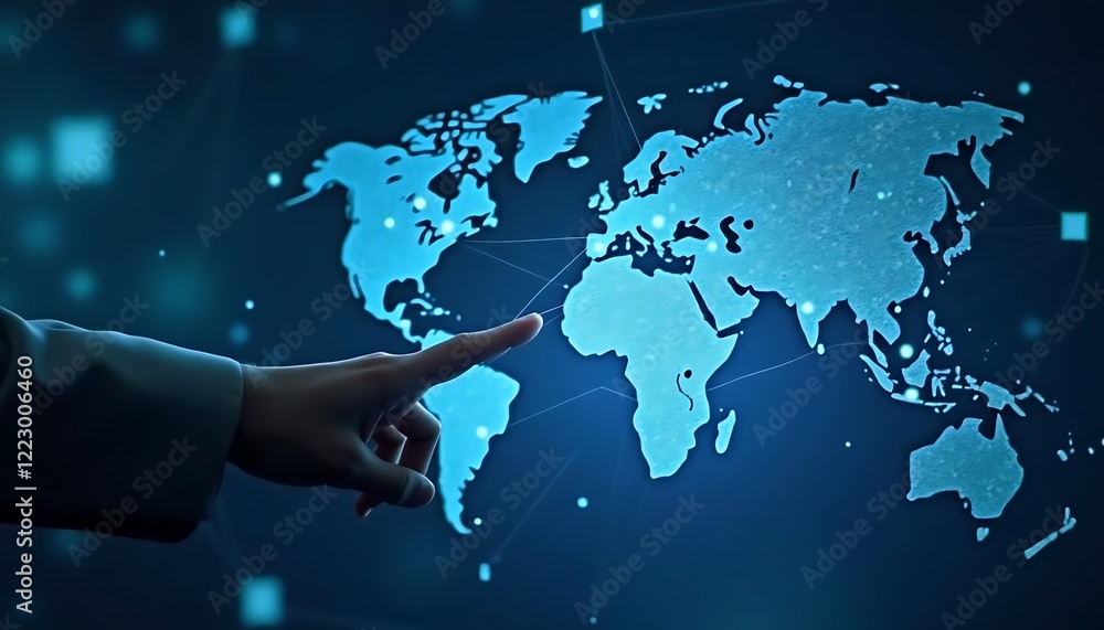 Digital world map with hand pointing at global connections and technology Digital world map with hand pointing at global connections and technology