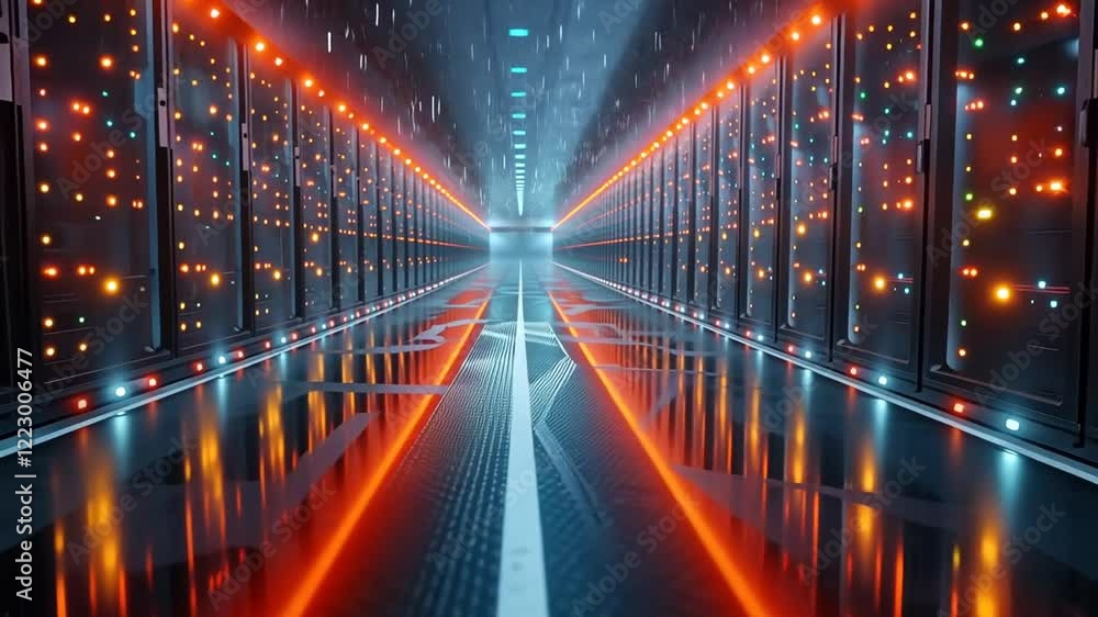 Exploring a high-tech data center with glowing servers and vibrant LED lighting at night Exploring a high-tech data center with glowing servers and vibrant LED lighting at night
