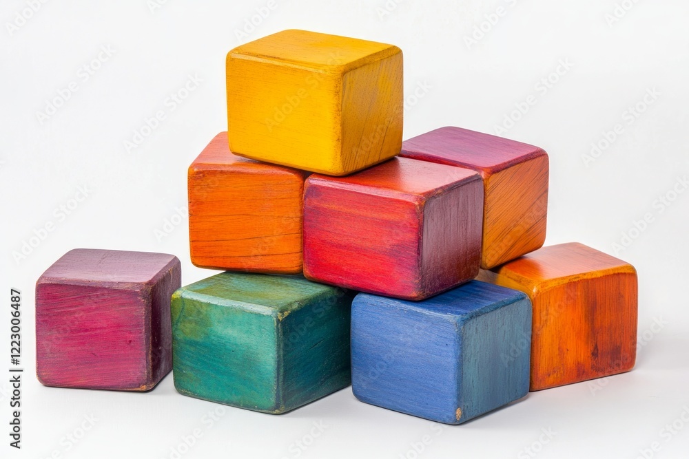 Fototapeta premium Vibrant Wooden Building Blocks in a Colorful Stacking Display. Perfect for Early Childhood Development and Imagination. A Colorful Wooden Toy for Kids to Play with and Learn