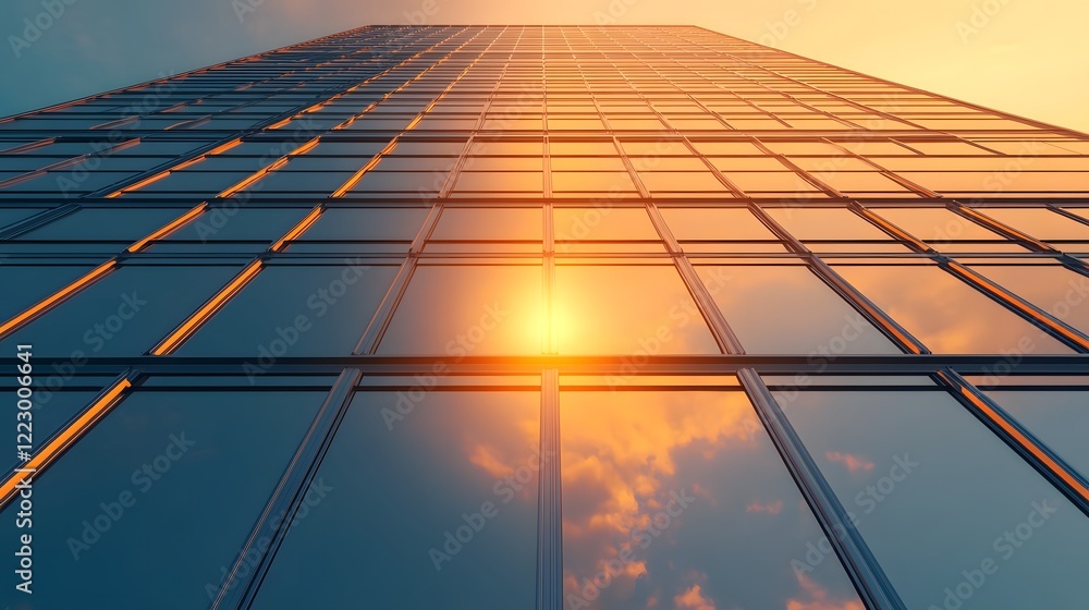 Sunset Reflection on Solar Panels Adorning Modern Skyscraper Facade