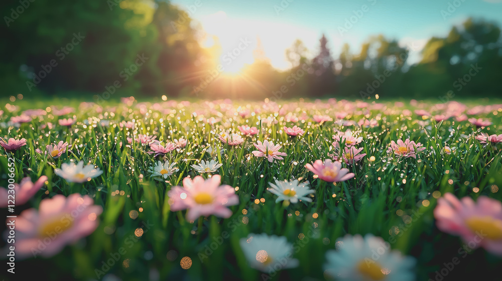 Fototapeta premium Vast field of vibrant orange and yellow daisies under a clear blue sky with a gentle breeze swaying the flowers in a picturesque natural landscape