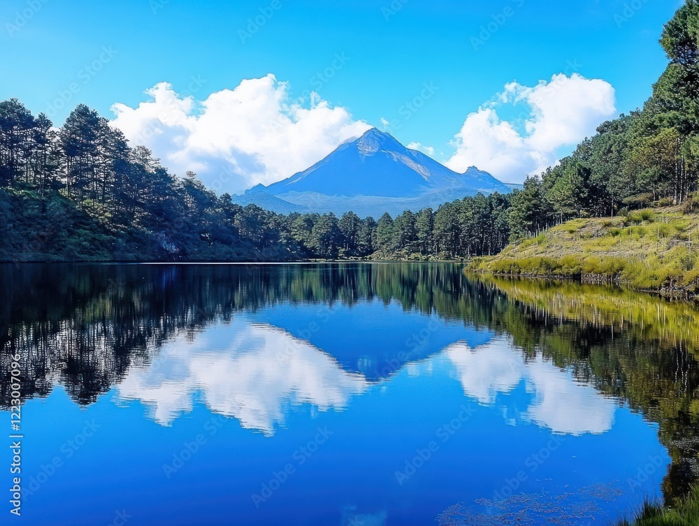 Fototapeta premium Majestic mountain peak reflected in serene lake with surrounding forest and blue sky