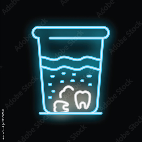 Bright neon sign showing teeth soaking in a glass of water, perfect for any dentist or orthodontist looking for a modern and eye catching marketing image