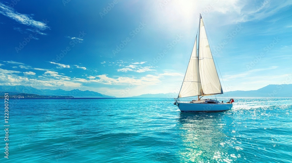 Fototapeta premium Sailboat Gliding Across a Crystal Clear Blue Ocean Under Sunny Sky