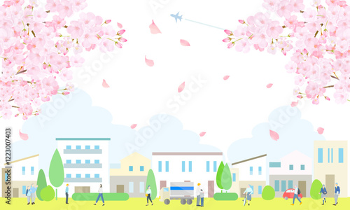 春の引っ越しと街並みと人々ー桜のある風景ーベクターイラスト素材