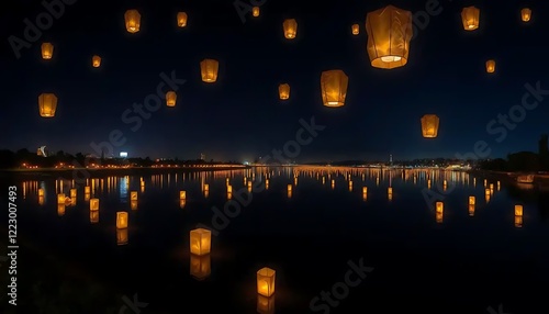 Illuminated Sky Lanterns Float Over Calm Night Water photo