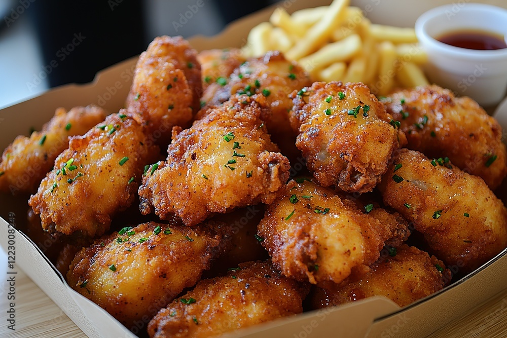 Crispy fried chicken pieces served with french fries and a dipping sauce Crispy fried chicken pieces served with french fries and a dipping sauce