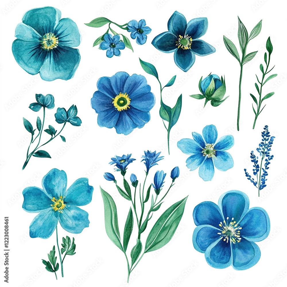 Obraz premium Watercolor painted set of blue and emerald flowers. Vector traced floral collection isolated
