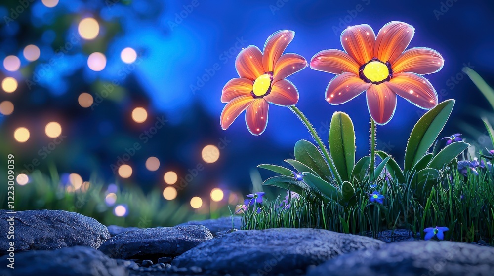 Glowing Orange Flowers with Sparkling Bokeh Background at Night Glowing Orange Flowers with Sparkling Bokeh Background at Night