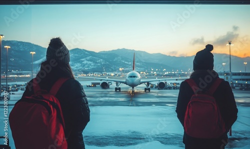 Obraz na płótnie Two travelers with backpacks stand at an airport window, watching an airplane on a snowy runway, symbolizing winter travel and adventure. w salonie