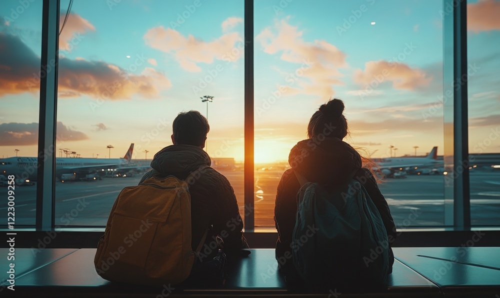 Travelers at Airport Watching Airplane in Winter