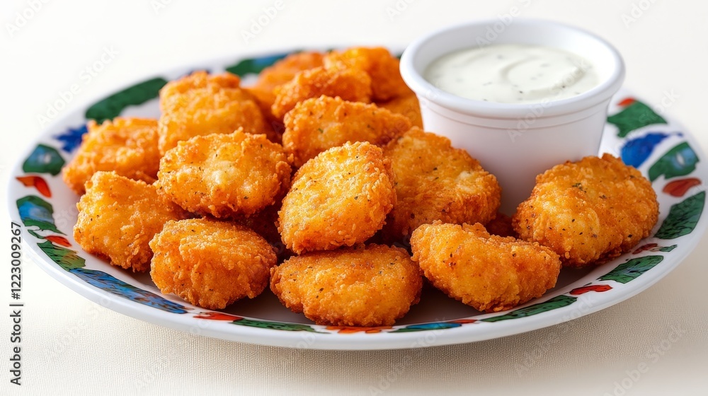 A plate of golden chicken nuggets served with a small cup of dipping sauce. A plate of golden chicken nuggets served with a small cup of dipping sauce.