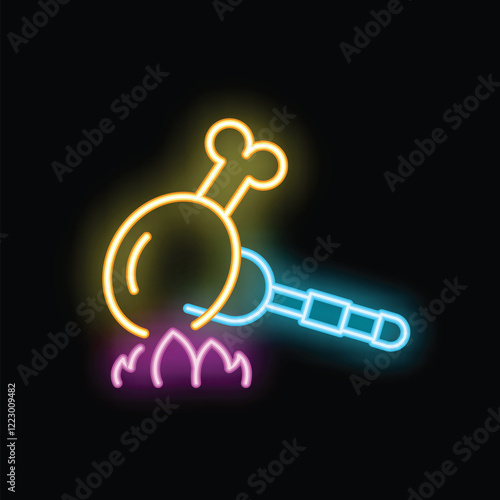 Colorful neon sign of a chicken leg being grilled on a spit over a fire, perfect for restaurant signage or menus
