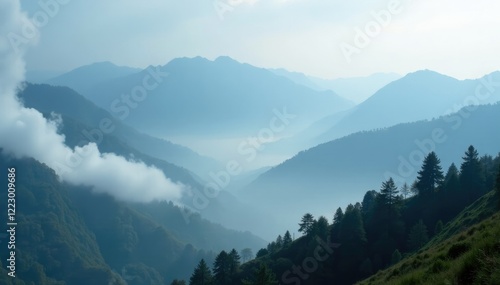 Misty Darjeeling peaks shrouded in grey clouds, clouds, serene