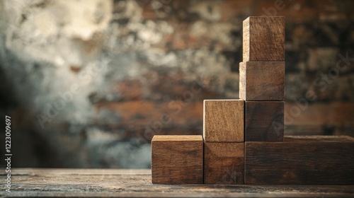 Wooden Building Blocks Stacked on Rustic Wooden Table Background photo