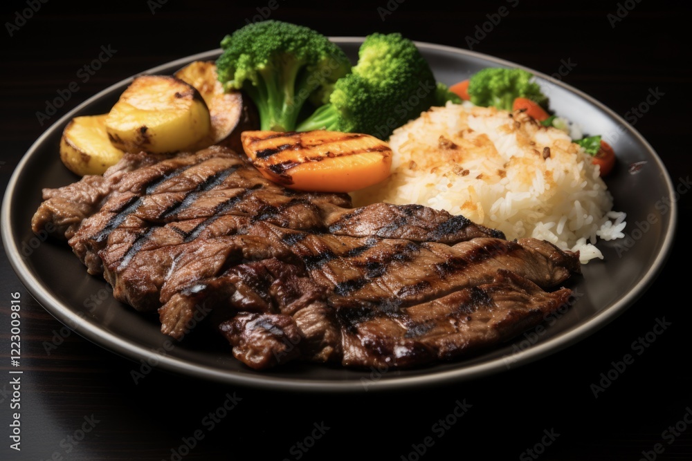 Sizzling Hibachi Steak and Chicken Dinner on Plate, Japanese Cuisine