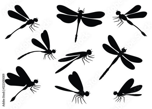 Collection of black silhouette dragonflies. isolated vector on white background.