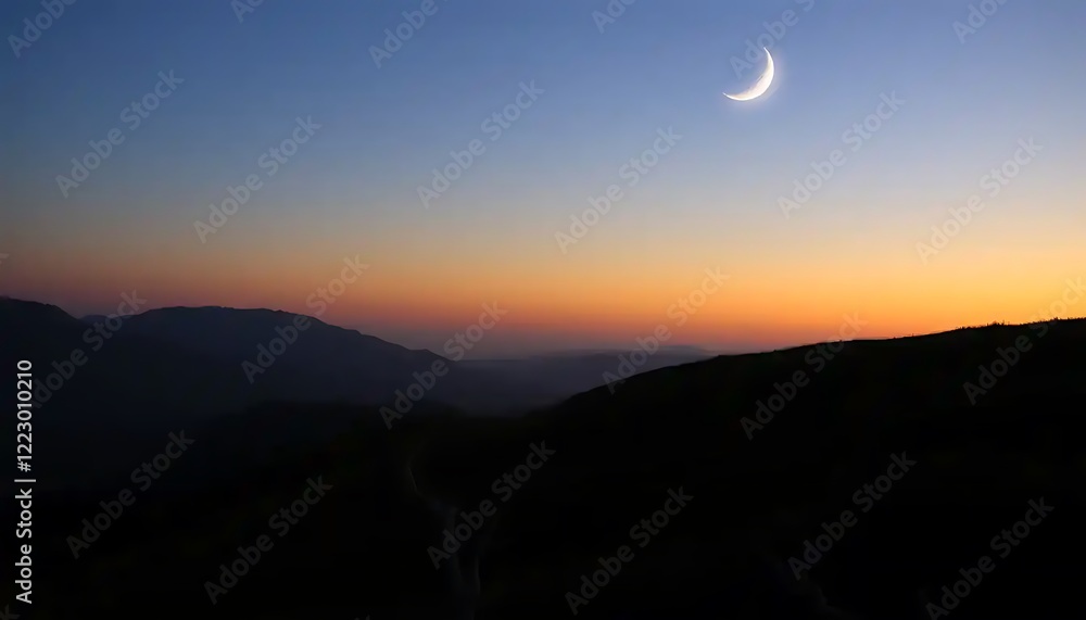 Crescent Moon Over Silhouetted Mountain Range At Sunset Crescent Moon Over Silhouetted Mountain Range At Sunset