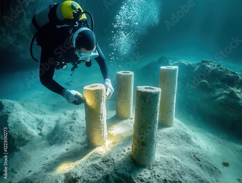 Diver exploring a field of underwater statues, mysterious vibe, deep sea tones, high contrast, cinematic lighting. photo