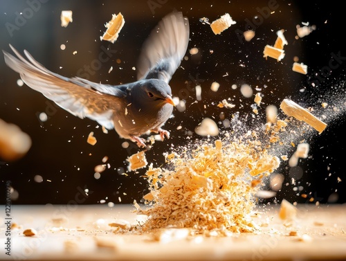 Bird in mid-flight with wings of wood shavings, natural colors, high detail, rustic background, warm and soft lighting. photo