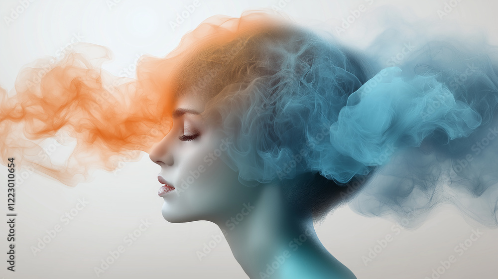 abstract artistic : human profile, blending vibrant hues of blue, orange, conveys a surreal and emotive atmosphere,smoke-like,surrounding, introspection and a dreamlike state,emotive atmosphere. abstract artistic : human profile, blending vibrant hues of blue, orange, conveys a surreal and emotive atmosphere,smoke-like,surrounding, introspection and a dreamlike state,emotive atmosphere.