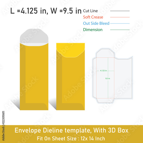 Envelope Dieline template, With 3D Box, Size 4.125 x 9.5 in, Vector File