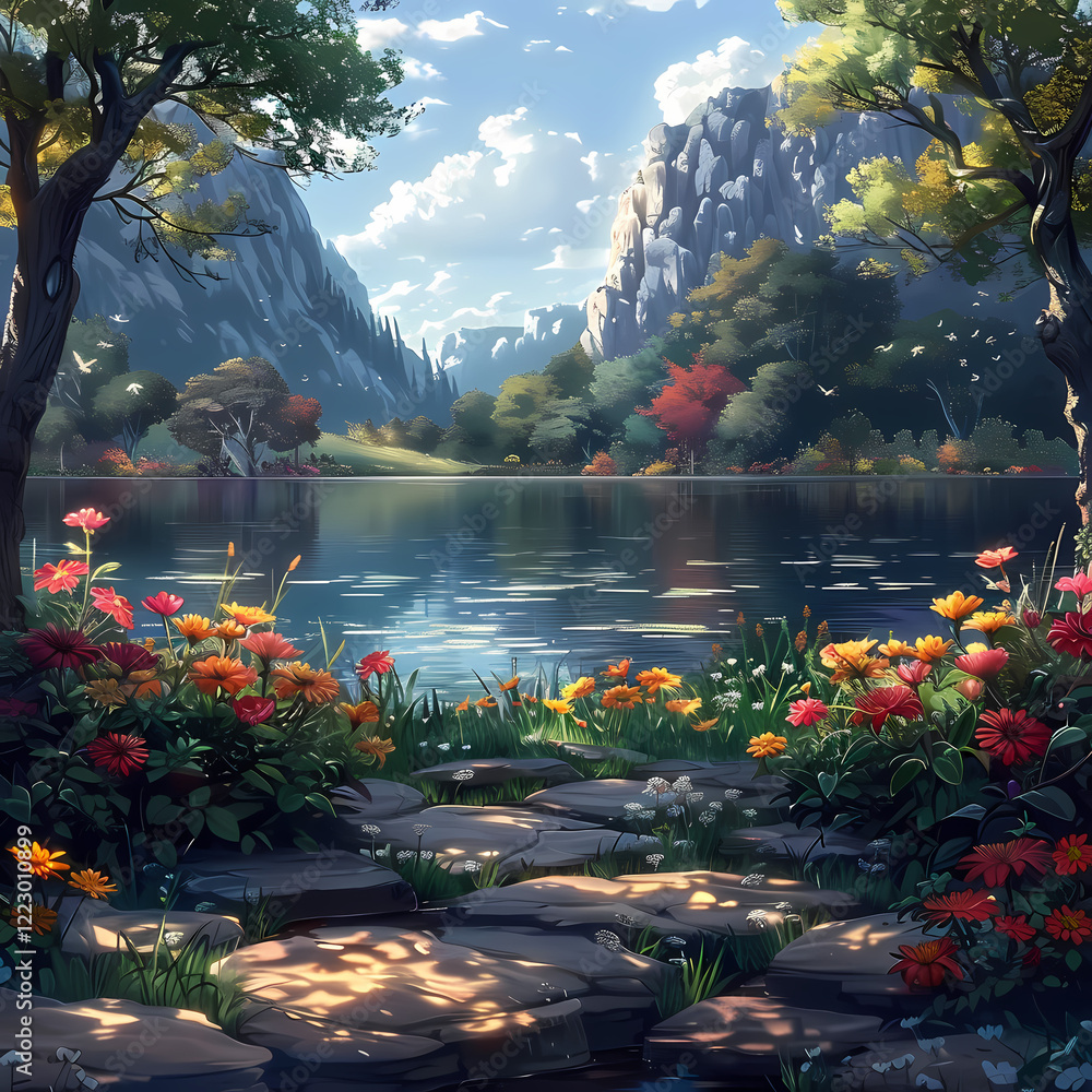Fototapeta premium A serene garden scene with vibrant flowers, a tranquil lake, and a shaded gazebo under lush trees, bathed in soft, dreamlike light.