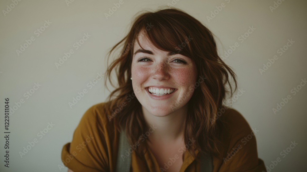 A candid portrait of a woman with freckles smiling brightly, her natural beauty highlighted by a simple and minimalist background A candid portrait of a woman with freckles smiling brightly, her natural beauty highlighted by a simple and minimalist background