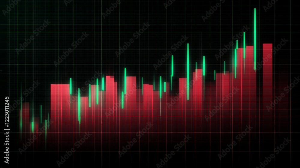 A candlestick chart with green and red bars on a dark digital grid, showcasing financial market trends with clear, sharp lines and labels A candlestick chart with green and red bars on a dark digital grid, showcasing financial market trends with clear, sharp lines and labels