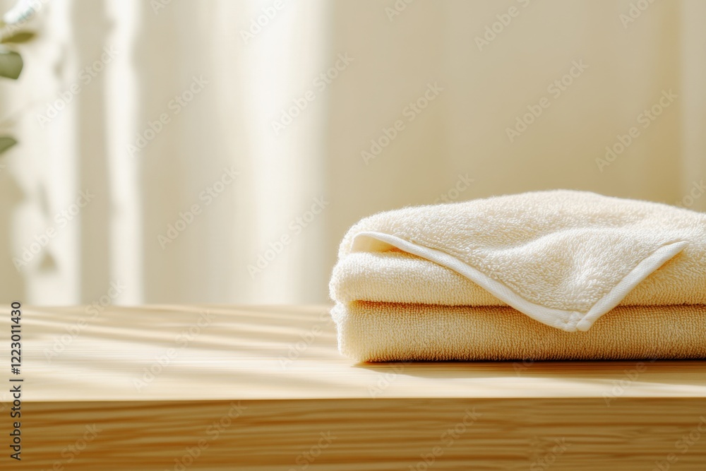 folded soft towels on wooden table in warm sunlit space for spa product presentation folded soft towels on wooden table in warm sunlit space for spa product presentation