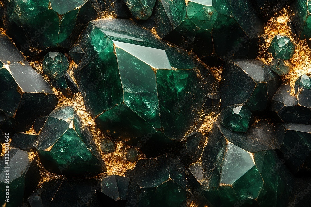 A cluster of deep green crystals accented with gold creates a luxurious and visually striking image A cluster of deep green crystals accented with gold creates a luxurious and visually striking image