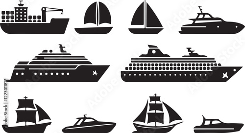 Black Silhouettes of Maritime Ships. Vector Icons of Sailboats, Yachts, Cruise Liners, Cargo Vessels, and Ocean Transport in Flat Design