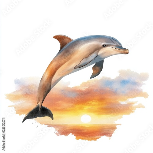 Jumping dolphin illustration with beautiful sunset background, watercolor clip art