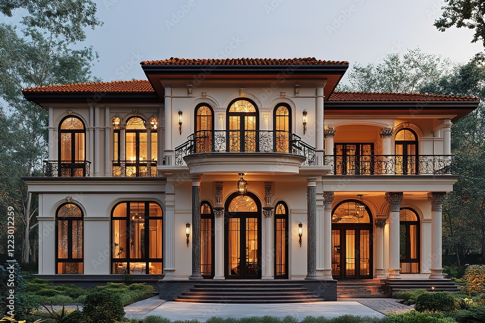 Grand estate illuminated at twilight showcasing its classical architecture and elegant design Grand estate illuminated at twilight showcasing its classical architecture and elegant design