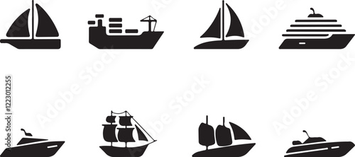 Black Silhouettes of Maritime Ships. Vector Icons of Sailboats, Yachts, Cruise Liners, Cargo Vessels, and Ocean Transport in Flat Design