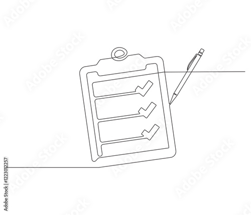 Clipboard and checklist with pen in One continuous line drawing. Symbol of to do list for business or schedule. Clipboard in simple linear style. Editable stroke. Doodle line illustration