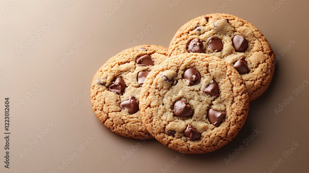 Close-up view of freshly baked chocolate chip cookies on a wooden table.
Close-up view of freshly baked chocolate chip cookies on a wooden table.