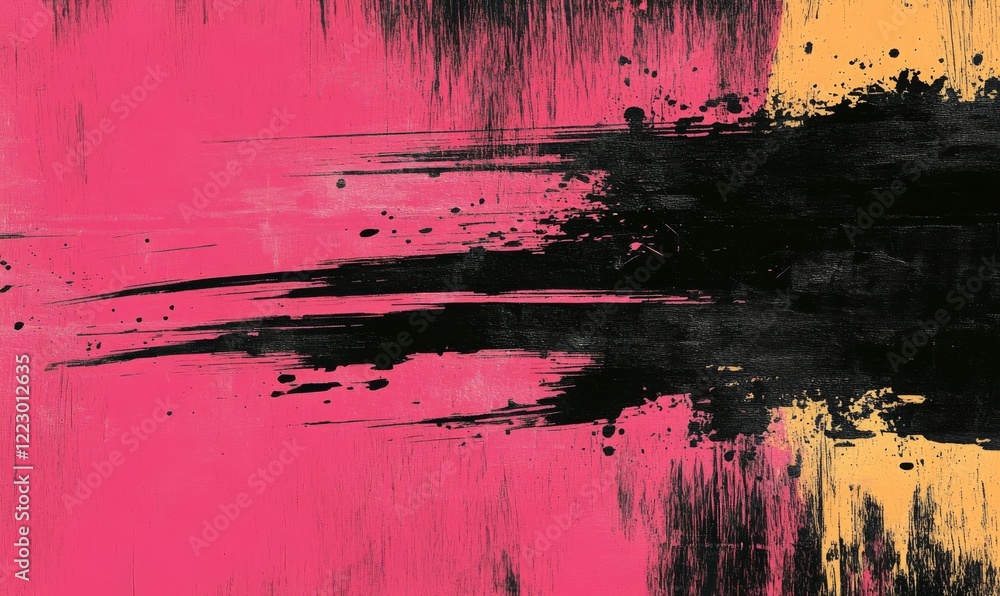 A powerful composition of bold pink and yellow splashes clashing on a dark, textured background.