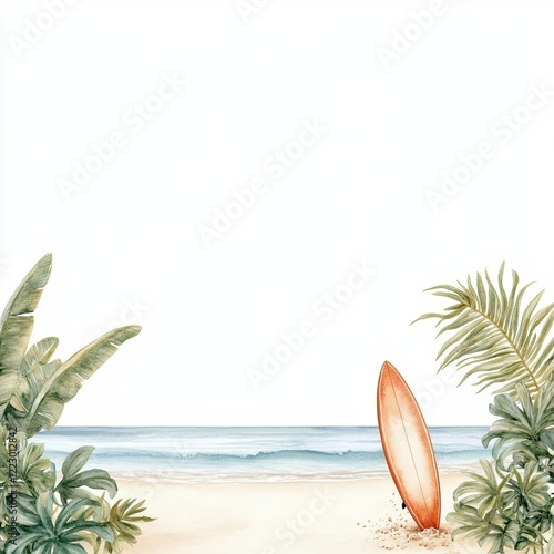 serene beach scene with surfboard and tropical plants, watercolor clip art