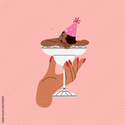 A woman is sitting in a martini glass. Party time