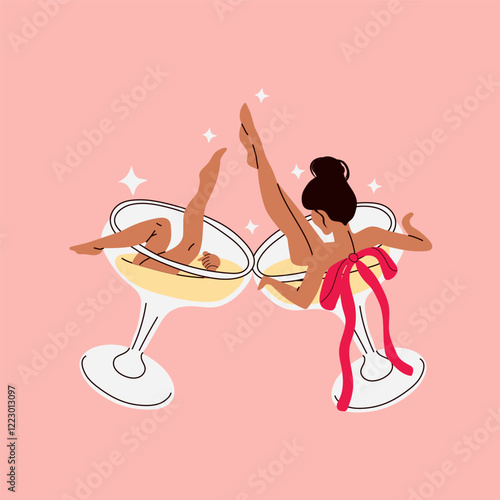 A woman is sitting in a champagne glass with her legs up. Party time