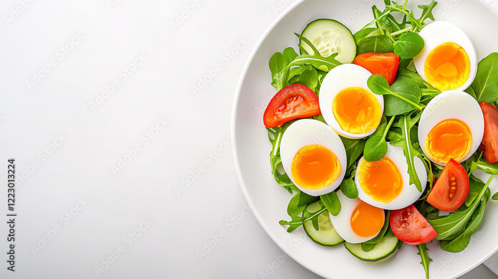 Light snack of soft-boiled eggs and fresh vegetables surrounded by microgreens on light background with copy space. Healthy food concept using microgreens. Adding microgreens to ready meals for diet Light snack of soft-boiled eggs and fresh vegetables surrounded by microgreens on light background with copy space. Healthy food concept using microgreens. Adding microgreens to ready meals for diet