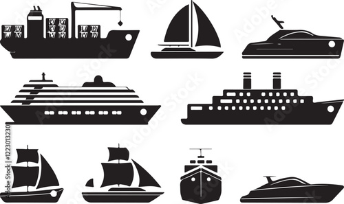 Black Silhouettes of Maritime Ships. Vector Icons of Sailboats, Yachts, Cruise Liners, Cargo Vessels, and Ocean Transport in Flat Design